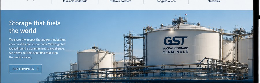 GST terminal storage tanks and above-ground transfer piping in daylight